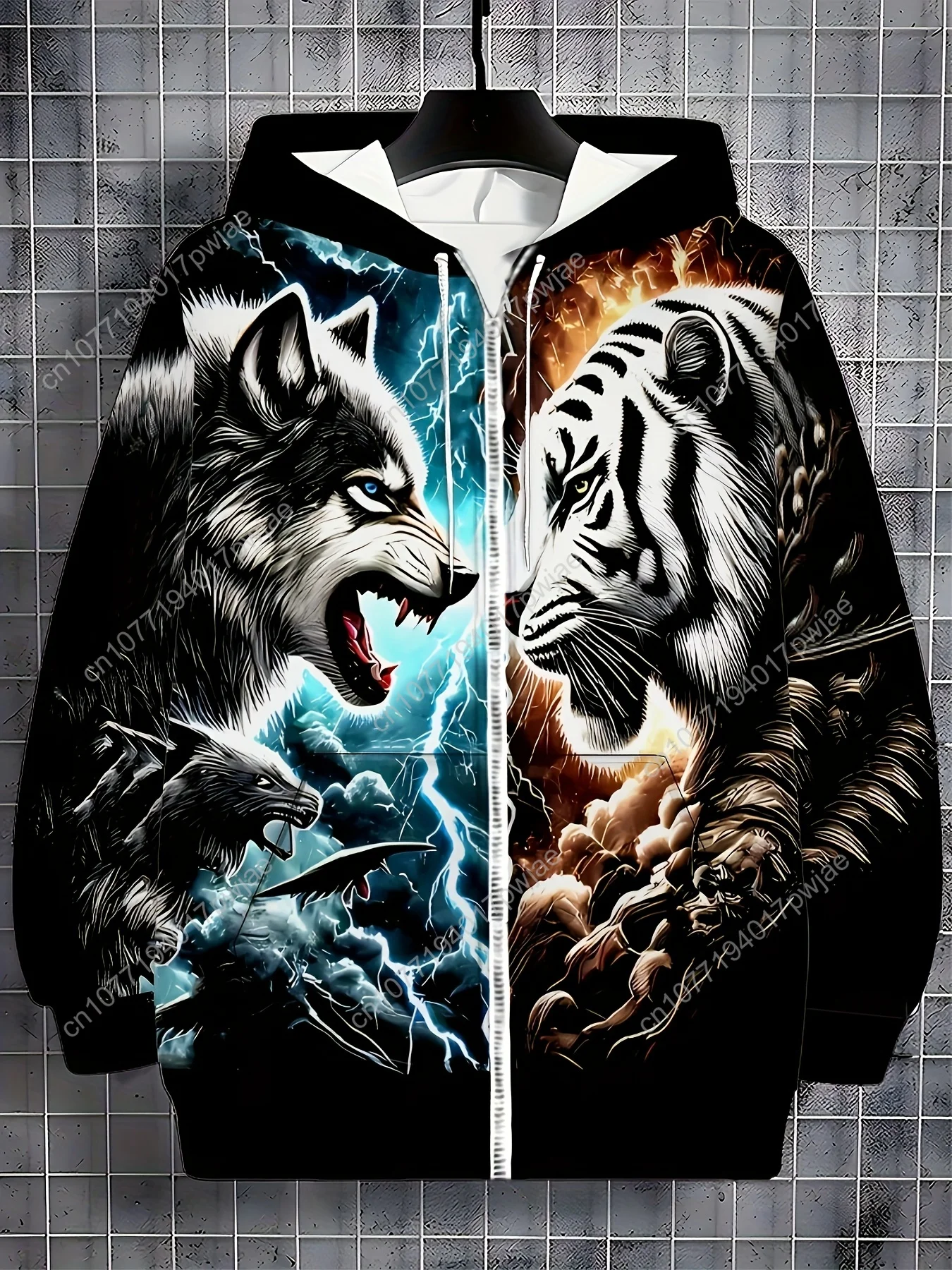 Moletom masculino com zíper e estampa Tiger & Wolf – manga comprida, cordão, bolsos |   Jaqueta casual outono/inverno ao ar livre |   Poliéster, Machi