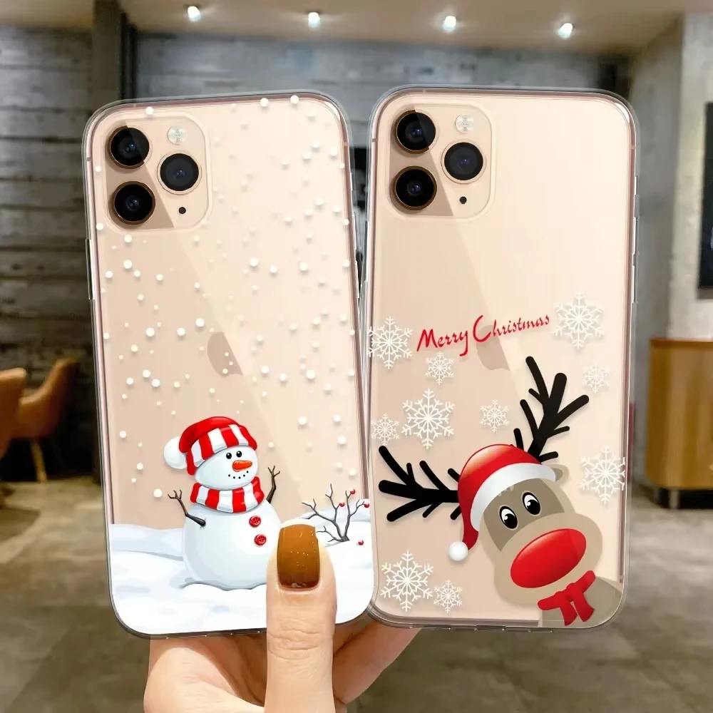 Christmas Snowman Reindeer Case For iPhone16 15 16 14 13 11 12 Pro Max Mini 14 Plus SE Xmas Clear Silicone Cover Fundas Shells