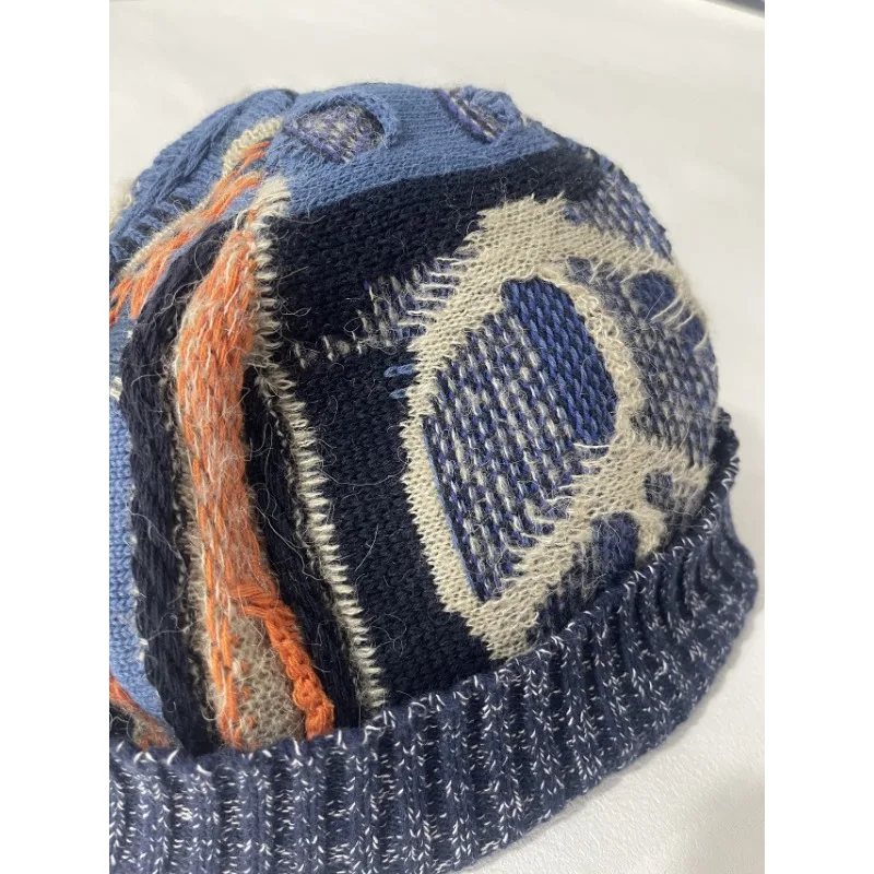 Kapital Japan Handmade Hats Men Knitted Blend Vintage Patchwork Warm Wool Cap Geometric Color Block Bonnets for Women Winter Hat