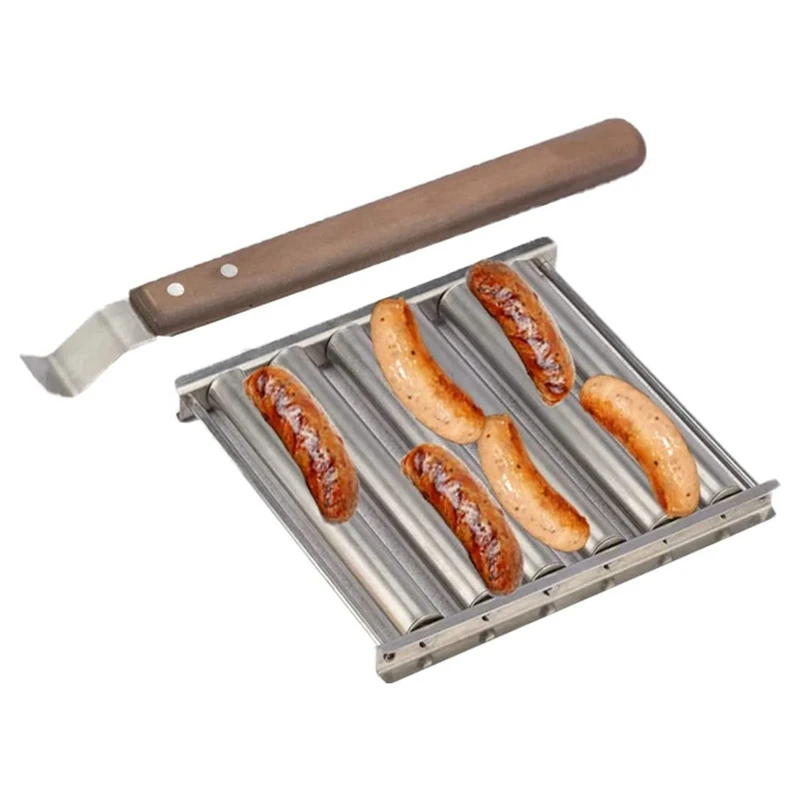 1 Piece Hot Dog Roller Stainless Steel With Long Wood Handle BBQ Hot Dog Griller