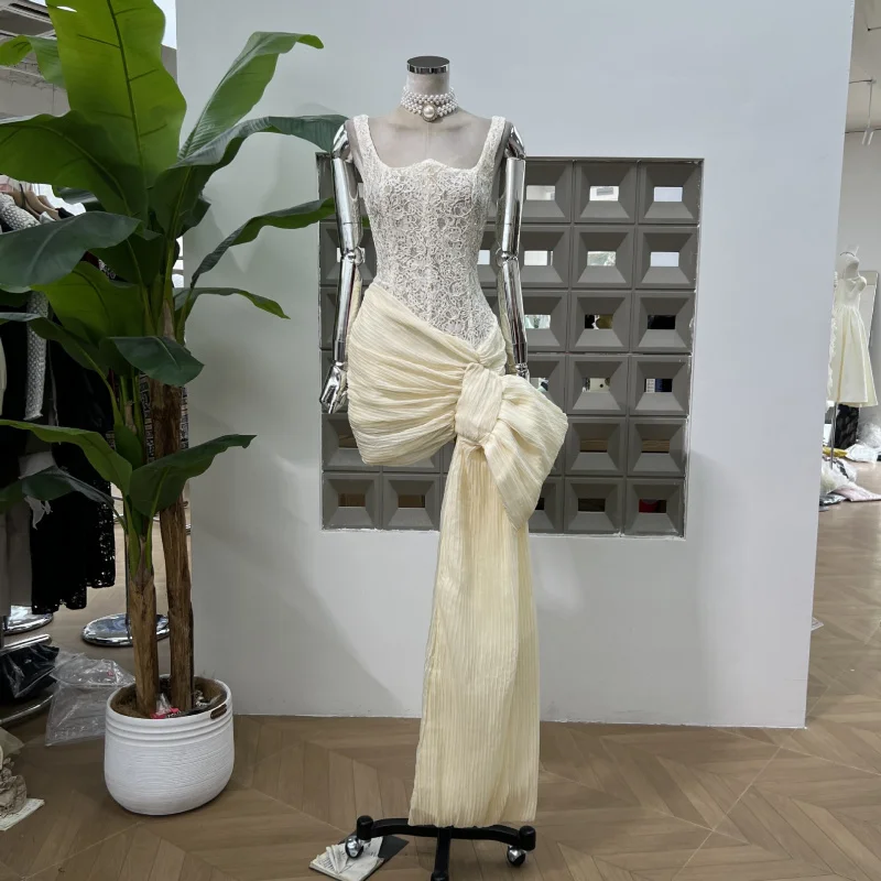 

Summer Women's Lace Fishbone Vest Slim Fit Bodycon Dress with Ruched Ribbon High-end Evening Gown