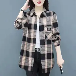 Women's Korean Simplicity Plaid Turn-Down Collar Long Sleeve Shirts, Casual Loose Top, Spring Fashion Clothes, New Style