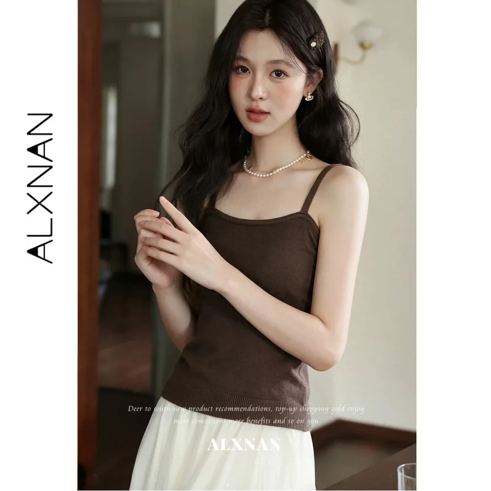 ALXNAN Vintage Coffee Cami Top Women 2026 Elegant Fashion Sleeveless Top Autumn Casual Slim-fit Female Camisole L677110BXA