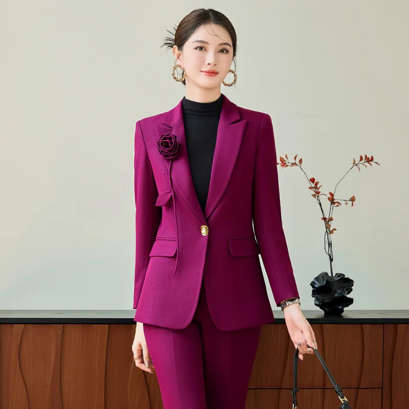 

2025Осенне-зимний хит продаж, повседневный модный профессиональный деловой костюм, блейзер с цветочным принтом, комплект с широкими брюками