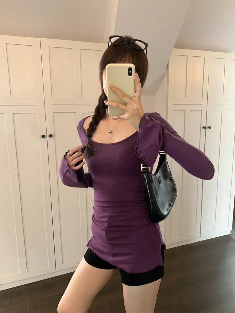 Slim Fit T-Shirt Women's Base Layer Bell Sleeve U-Neck Folded Waist Design Korean Style Commute Fashion Inner Wear Top