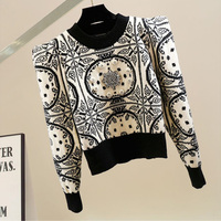 Geometric Knitted Soft Diamonds Beading Vintage O-Neck Women's Sweater Korean Fashion Jumpers Female Short Pullovers Chic Tops