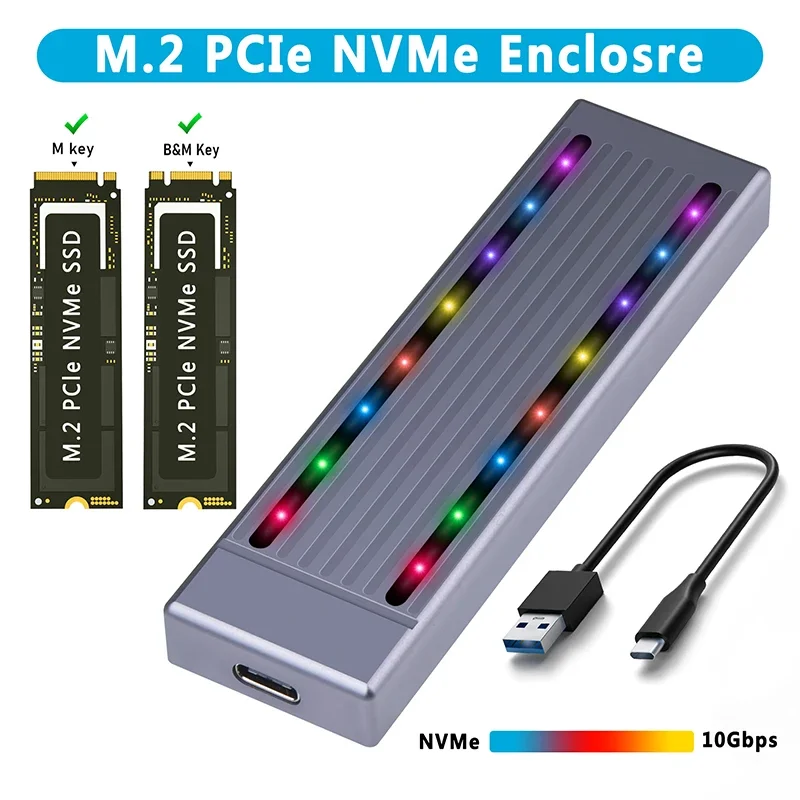 

M2 SSD Case with RGB LED NVMe M Key USB 3.2 Type C Gen2 10Gbps Enclosure CNC Aluminum Alloy for 2230 2242 2260 2280 M.2 NVME SSD