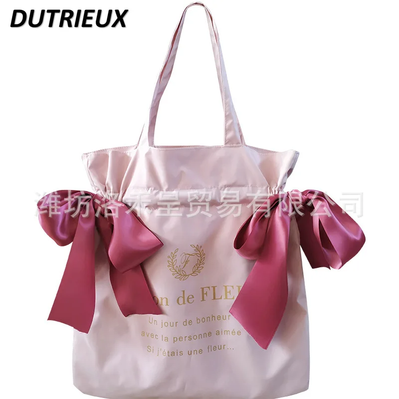 Japanese Handbag for Girls Fashion All-Match Lolita Cute Sweet Pink Bow Shoulder Bags Women Canvas Tote Bag Student