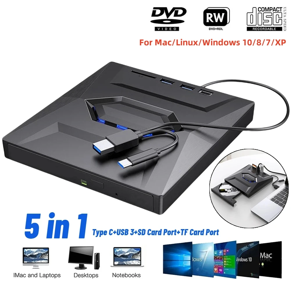 توصية وتحليل لمحرك الأقراص الضوئية 5 في 1 USB 3.0 Type C مع منافذ SD/TF