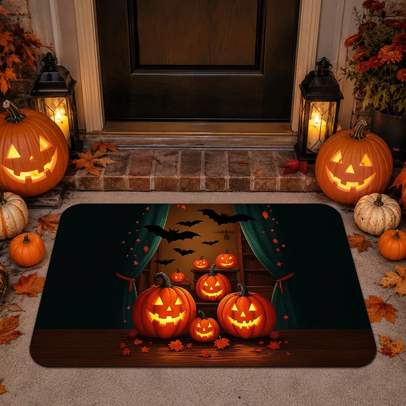 Cracked Ground Pumpkin Ghost Halloween Doormat, Scary Visual‑effect Printed Floor Rug, Spooky Holiday Entry Mat for Hallway