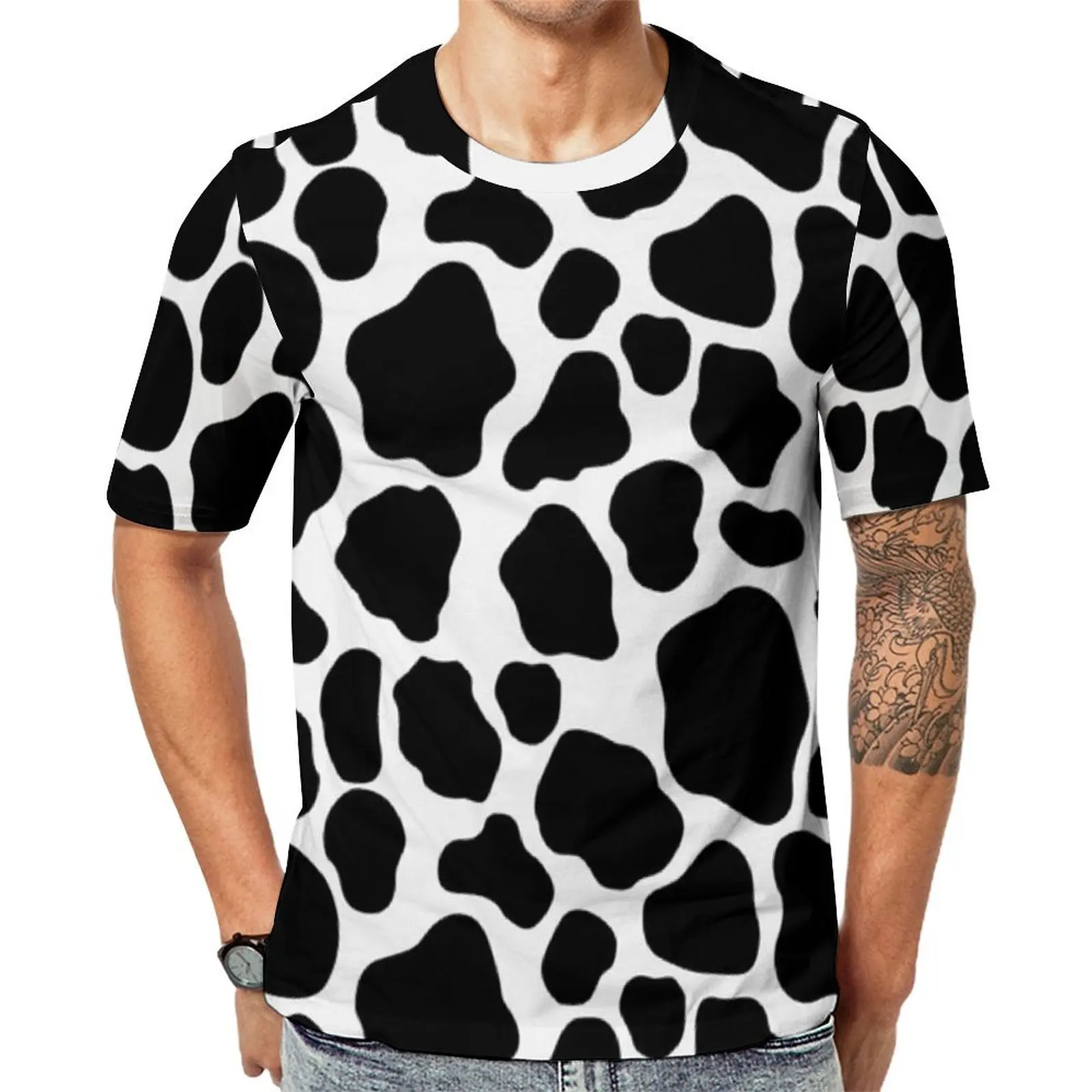 Black And White Cow Print T-Shirt Cow Pattern Spots Animal Fashion T-Shirts Men Awesome Tee Shirt Summer Short Sleeve Top Tees
