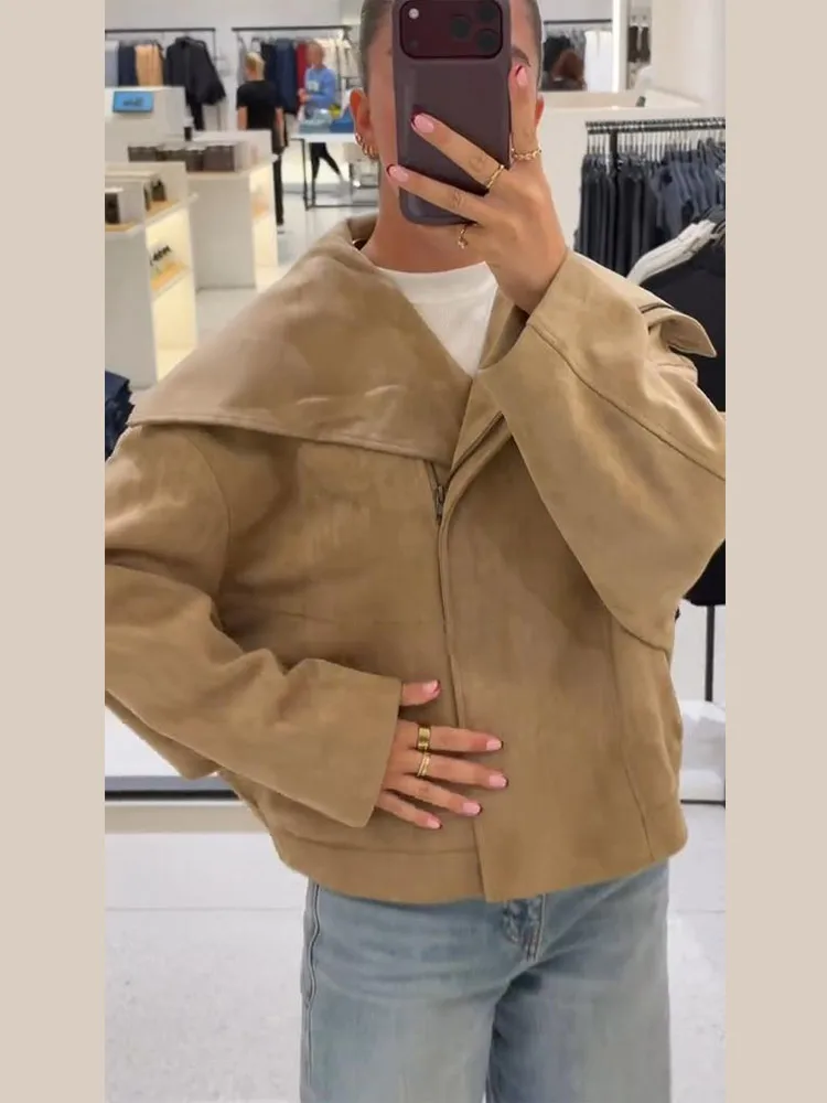 Damen-Wildlederjacken mit Revers, seitlicher Knopfleiste, langen Ärmeln und Reißverschluss, Herbstjacken für Damen, einfarbige, lockere Jacke, modische neue Oberbekleidung. – Detail 8