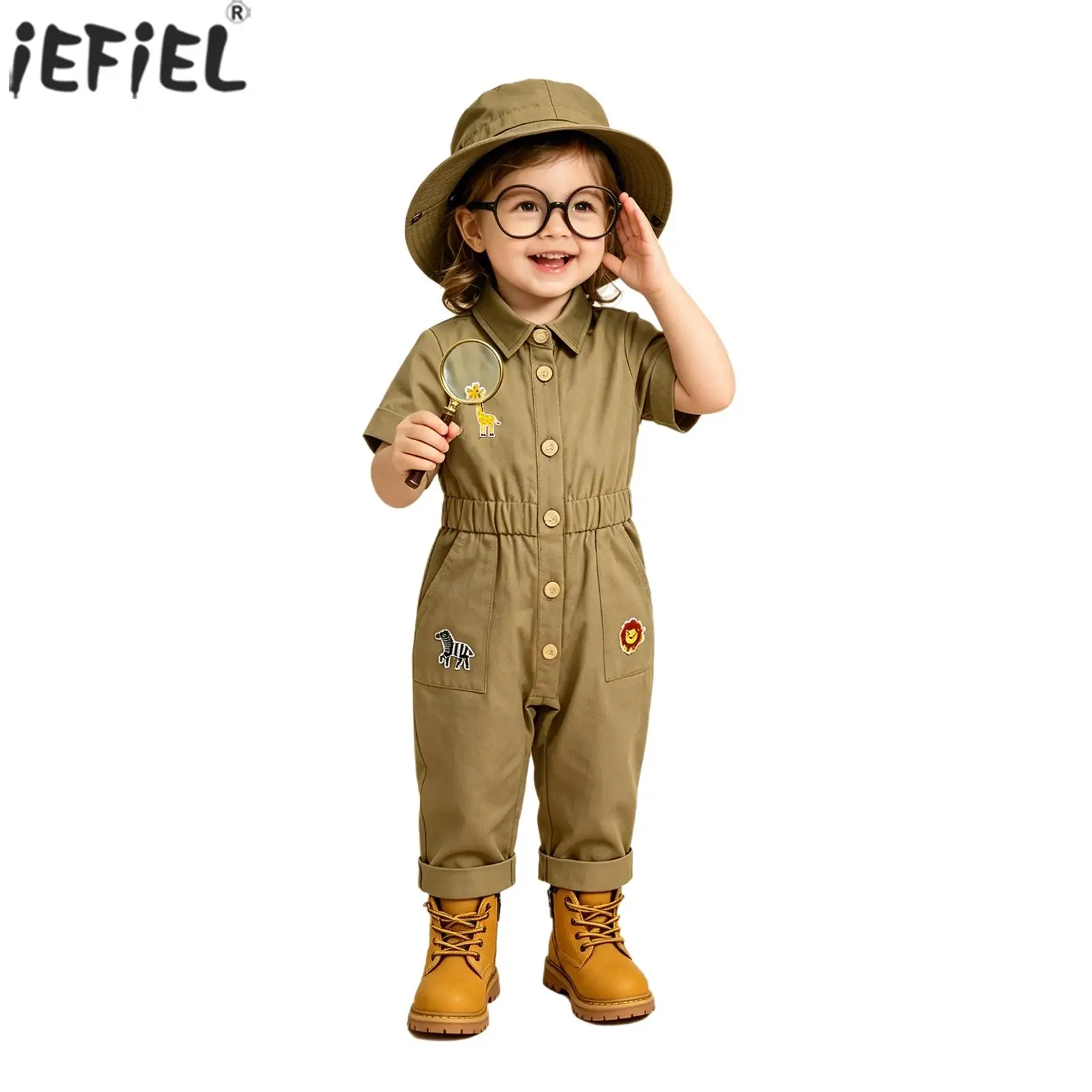 Zookeeper-Kostüm für Kleinkinder, kurzärmelig, elastische Taille, niedlicher Overall mit Tierstickerei, für den Außenbereich, Zoo, Park, Fotoshooting, Bodysuit