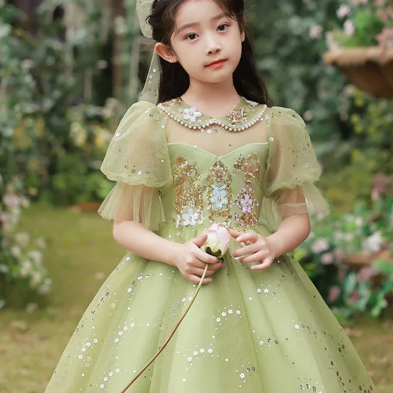 Evening Dress for Girls Matching Green Sequins Appliques Party Clothes Tulle Princess Wedding Ball Gown Children Prom Vestidos