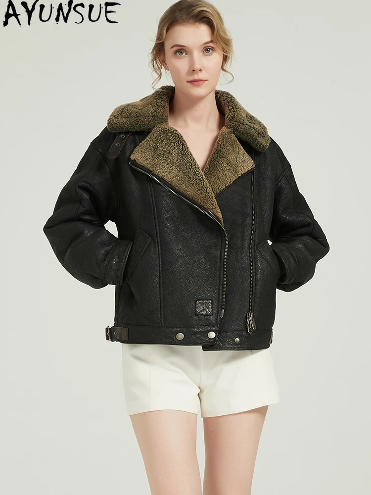AYUNSUE 진짜 양피 모피 코트 진짜 가죽 자켓 여성 내한 오토바이 자켓 여성 겨울 의류 2025 streetwear