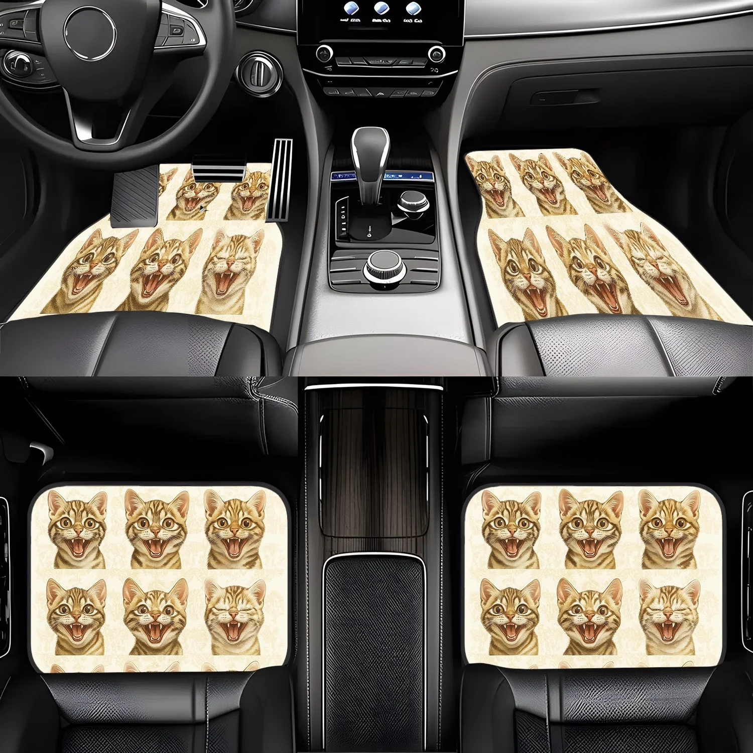 4pcs Cute Cat Style Car Floor Mats, Cat Expression Print Pattern, Non-Slip, Dust-Proof, Durable, Front And Rear Car Carpets, Eas