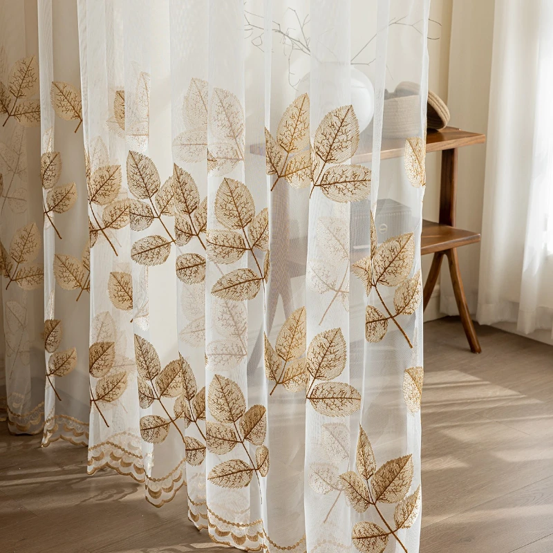 Luxury Leaves Embroidery Embroidery Transparent Balcony Modern Simple Custom Size Sheer Curtains for Living Dining Room Bedroom