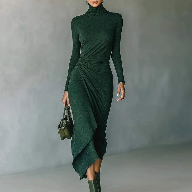 2026 Spring Casual Turtleneck Slim Irregular Dress Woman Elegant Solid Draped Long Dress New Autumn Long Sleeve Femme Boho Dress