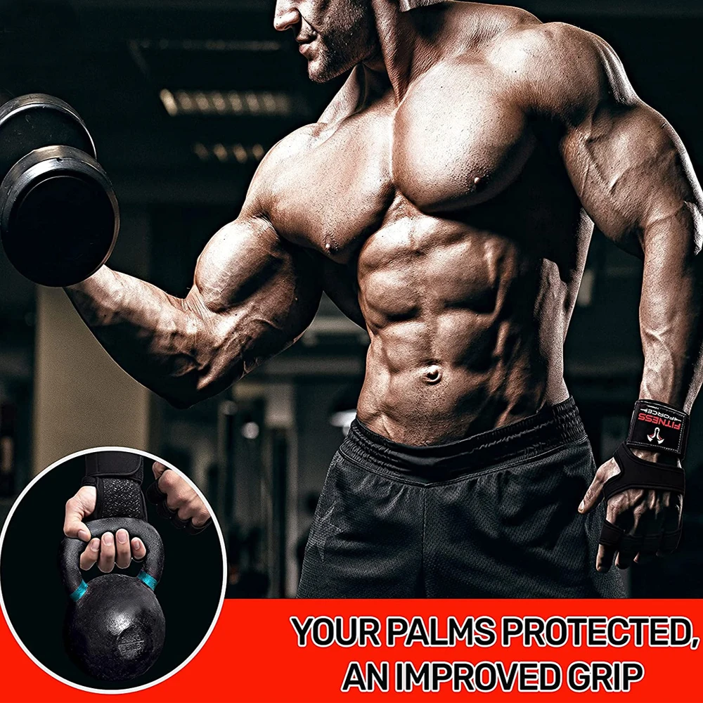 1Pair Weight Lifting Workout Gloves with Wrist Wraps Full Palm Protection Extra Grip Great for Pull Ups Cross Training Men Women