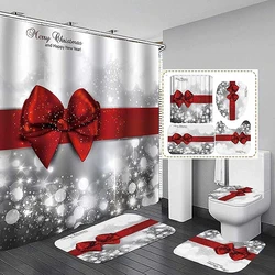 4PCS Bathroom Shower Curtain Set Christmas Snowman Santa Claus Printed Waterproof Shower Curtain Toilet Cover Mat Non Slip Rugs