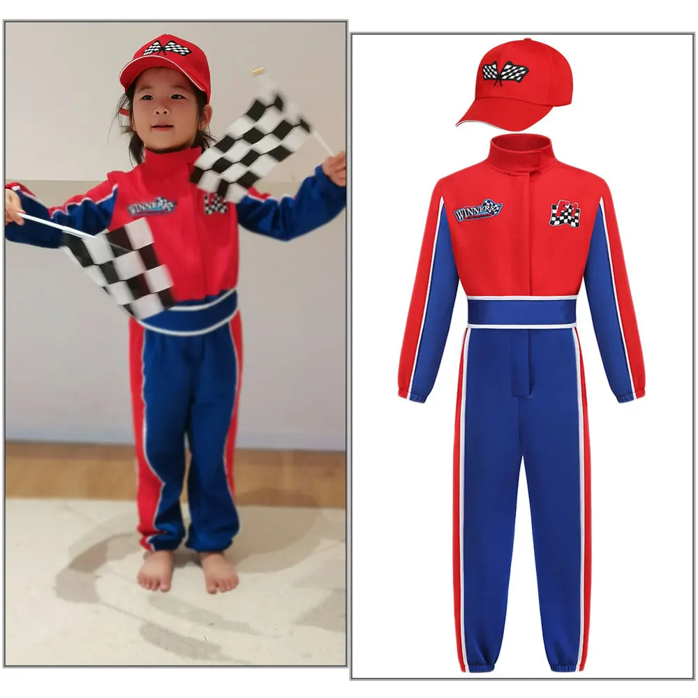 Детский костюм водителя гоночной машины на Хэллоуин для косплея, комплект с комбинезоном, автомобильной кепкой и солнцезащитными очками, карнавальный наряд гонщика для мальчиков Детский костюм водителя гоночной машины на Хэллоуин для косплея, комплект с комбинезоном, автомобильной кепкой и солнцезащитными очками, карнавальный наряд гонщика для мальчиков