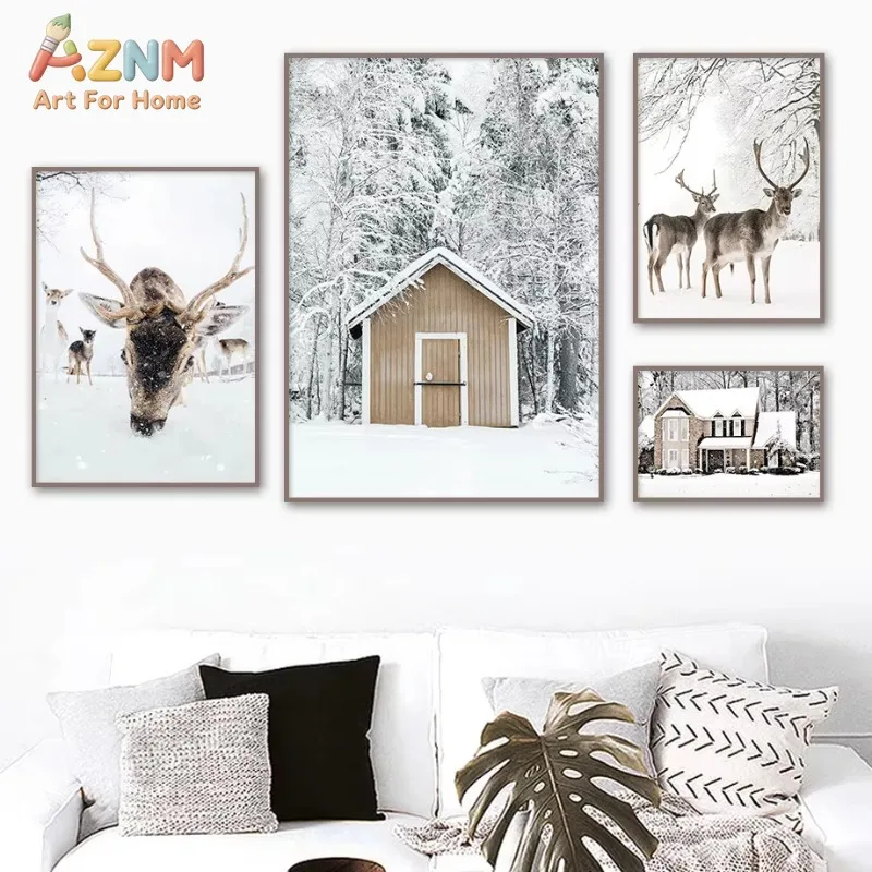 Single Winter Snow Canvas Wall Art Wooden Cabin Deer Forest House Nature Wall Prints Living Room Bedroom Home Decor Poster Gift