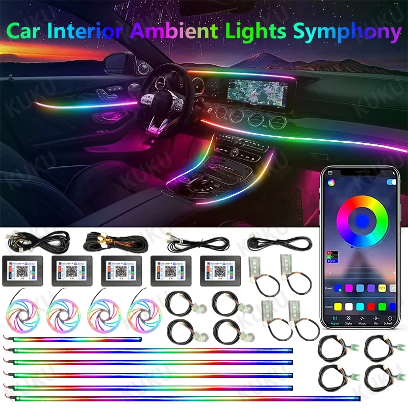 22 in 1 64 Color RGB Symphony Car Ambient Light Interior Acrylic Guide LED Strip Light Decoration Atmosphere Lamp by APP Control