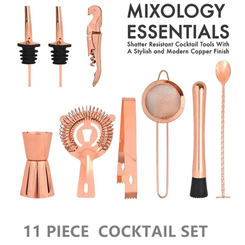 11-Piece Stainless Steel Mixology Bartender Supplies, Boston Cocktail Shaker Full Tools With Bamboo Stand,  Drink Mixin
