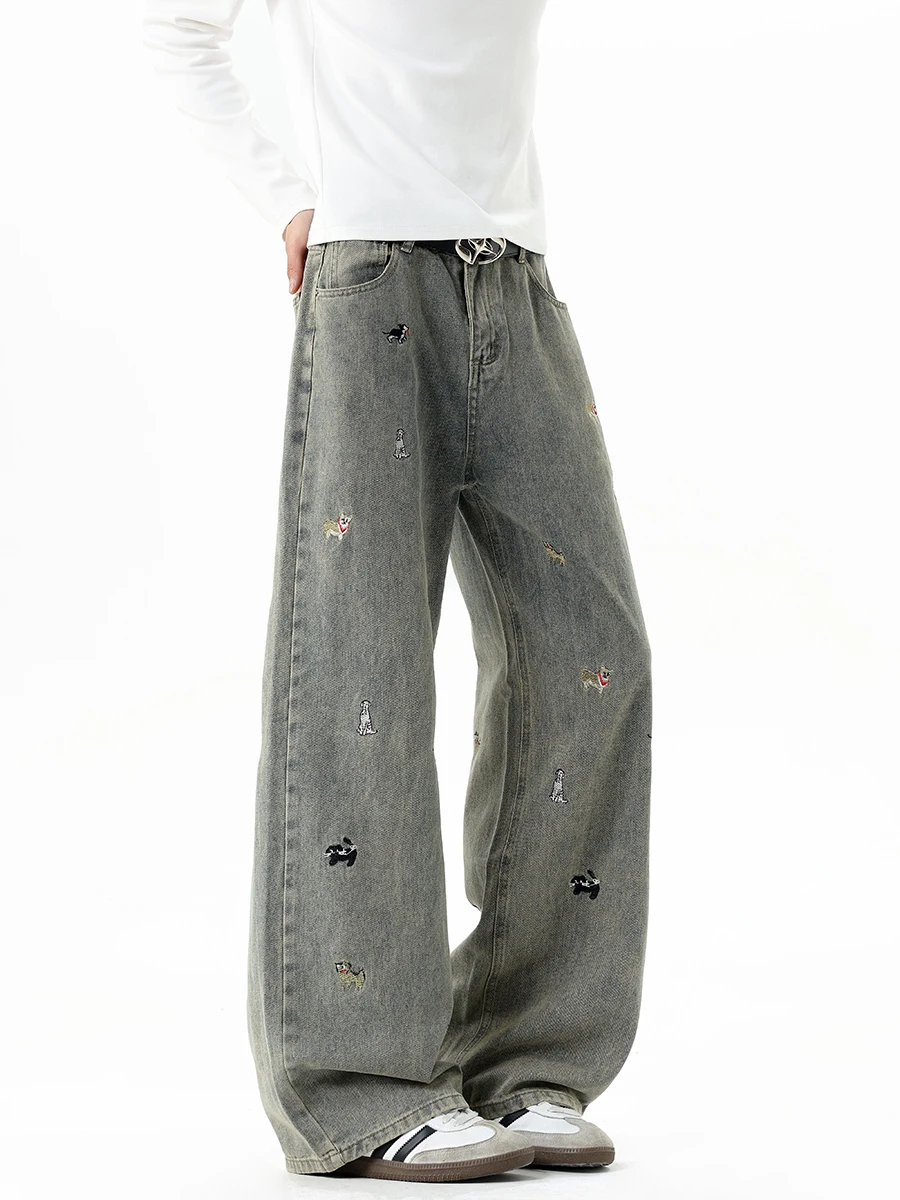 

Мужские летние джинсы с вышивкой в американском ретро-стиле, широкие прямые брюки, повседневные, из смесового хлопка и полиэстера, свободного кроя