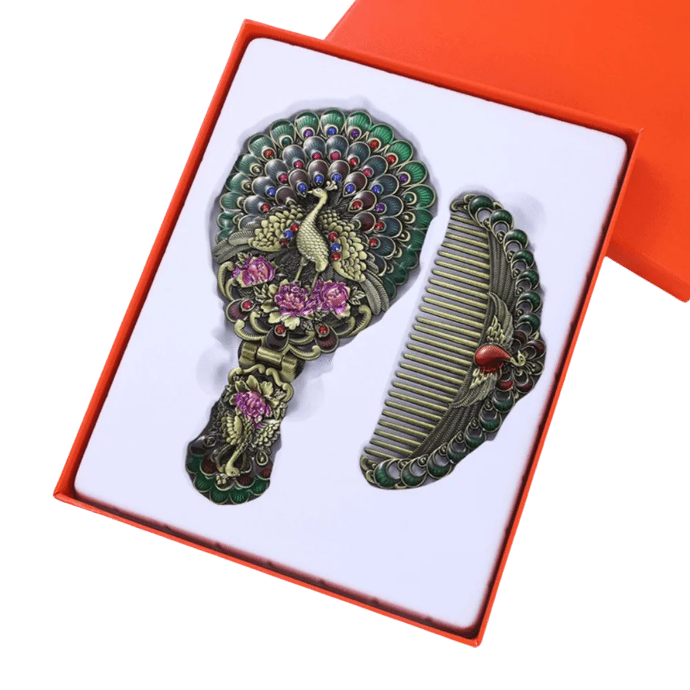 

Portable Peacock Makeup Mirror Comb Set Vintage Luxury Folding Cosmetic Mirror Retro with Gift Box Vanity Mirror Middle East