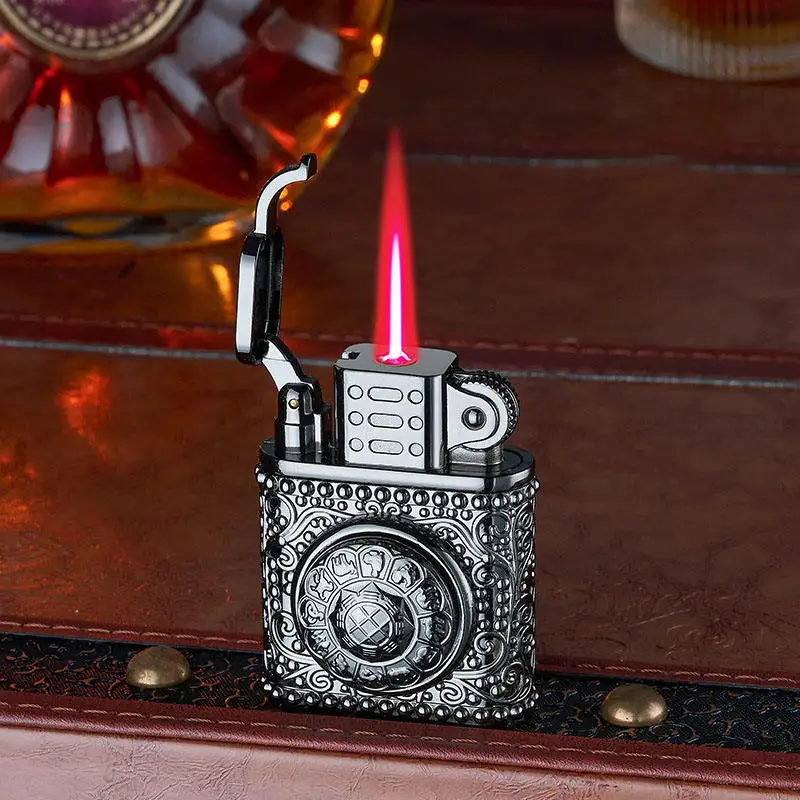 Embossed Tangcao Turntable Retro Lighter Butanr Gas Metal Windproof Red Flame Torch Lighter