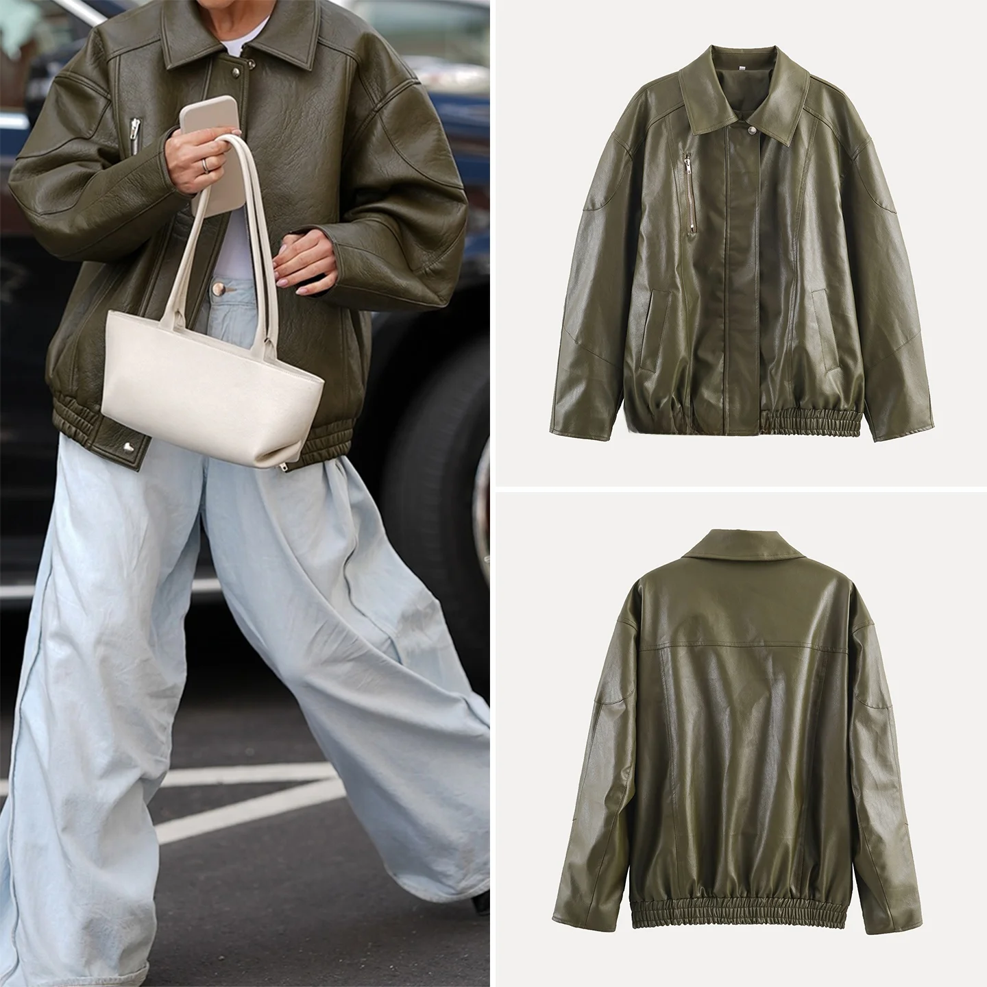 

Casual Commute Vintage Sle Simple Leather Jaet Outerwear for Women Loose Fit Long Sve Zipper Closure Breathable