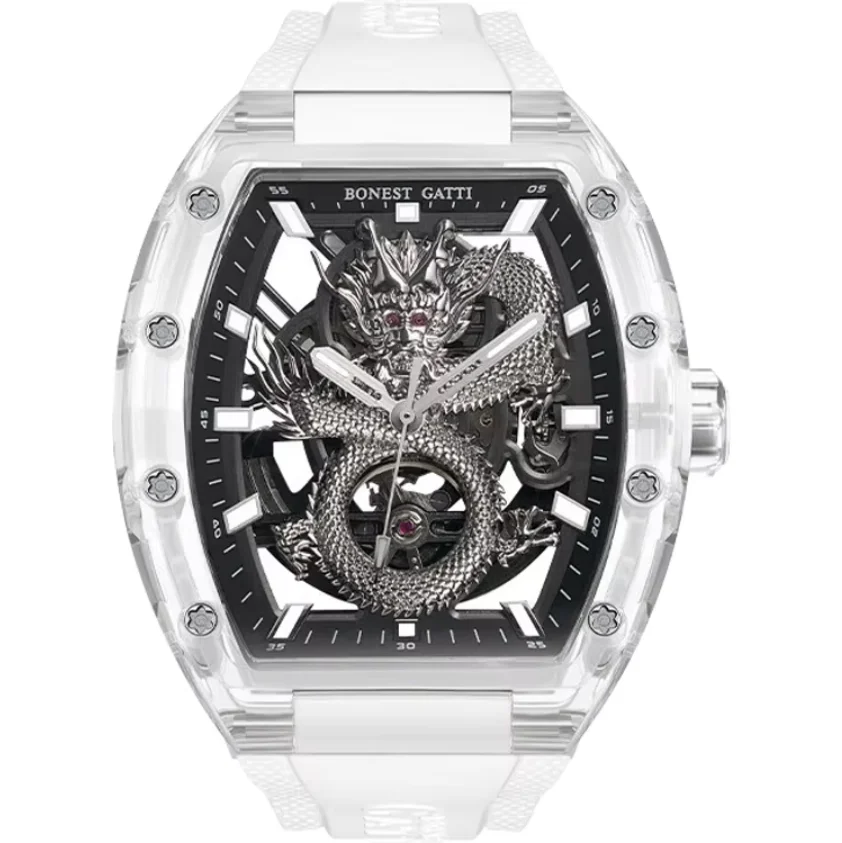 

BONEST GATTI Men Automatic Watch 45mm Tonneau Mechanical Wristwatch Acrylic Case Sapphire Luminous FKM Strap Dragon Dial