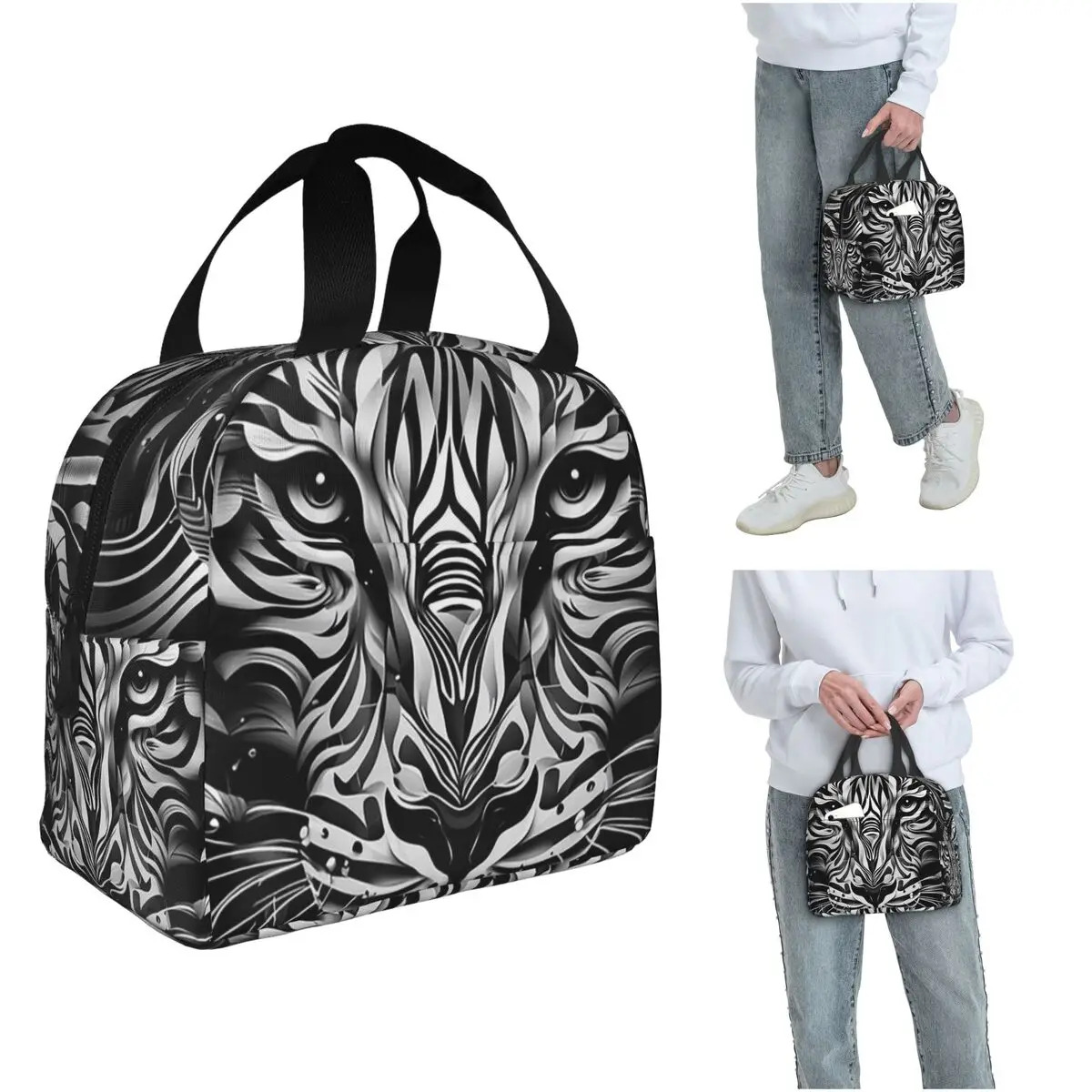 

Черно-белая изолированная сумка для обеда с изображением дикого тигра для женщин и детей, портативные коробки для еды, термосумка для обеда