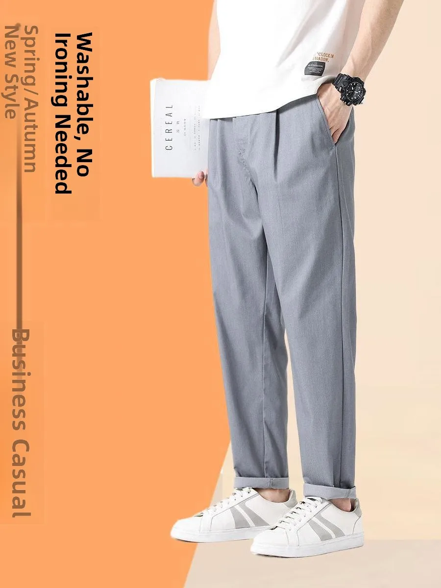 

Men's Casual Pants Spring Season Silk Loose No Ironing Elastic Long Trousers Business Style Polyester Fabric Straight Leg Pants