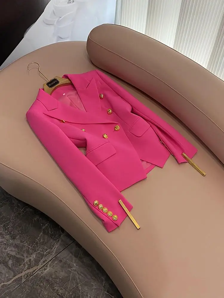 

Высококачественный розовый дизайн с подплечниками, женский костюм Jaet для поездок на работу, длинное двубортное пальто Pure Color со светом