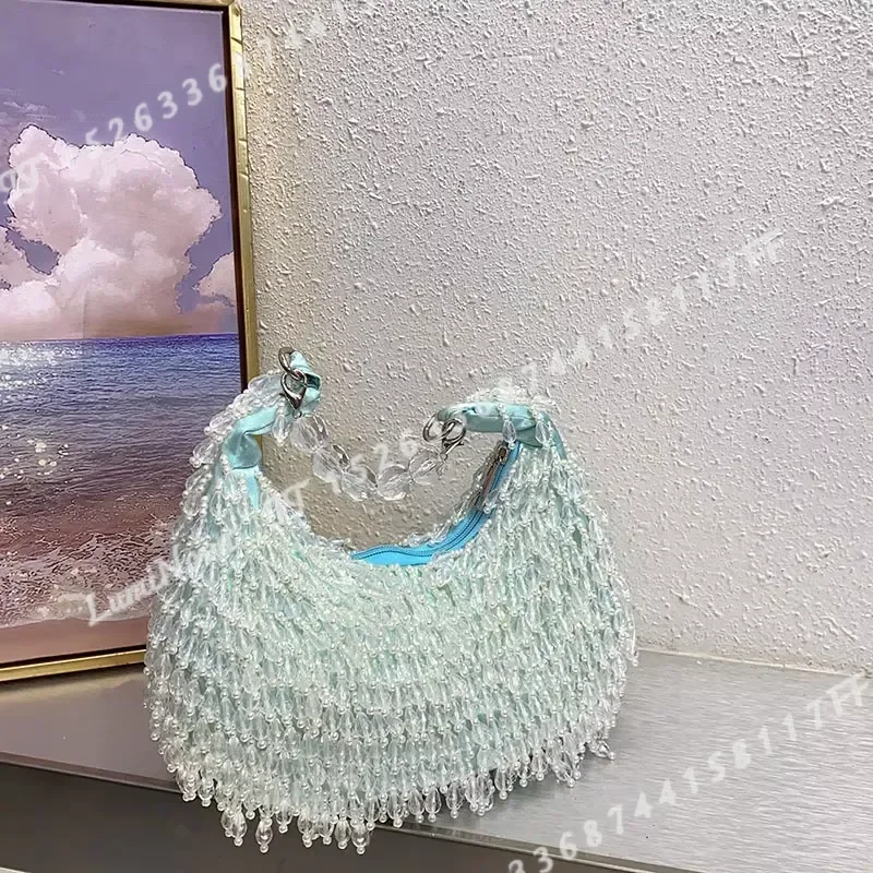 for Summer Fresh Sweet Light Blue Handmade Beaded Fringe Design Elegant Lady Dinner Bag Chic Evening Dress Purse Hobos