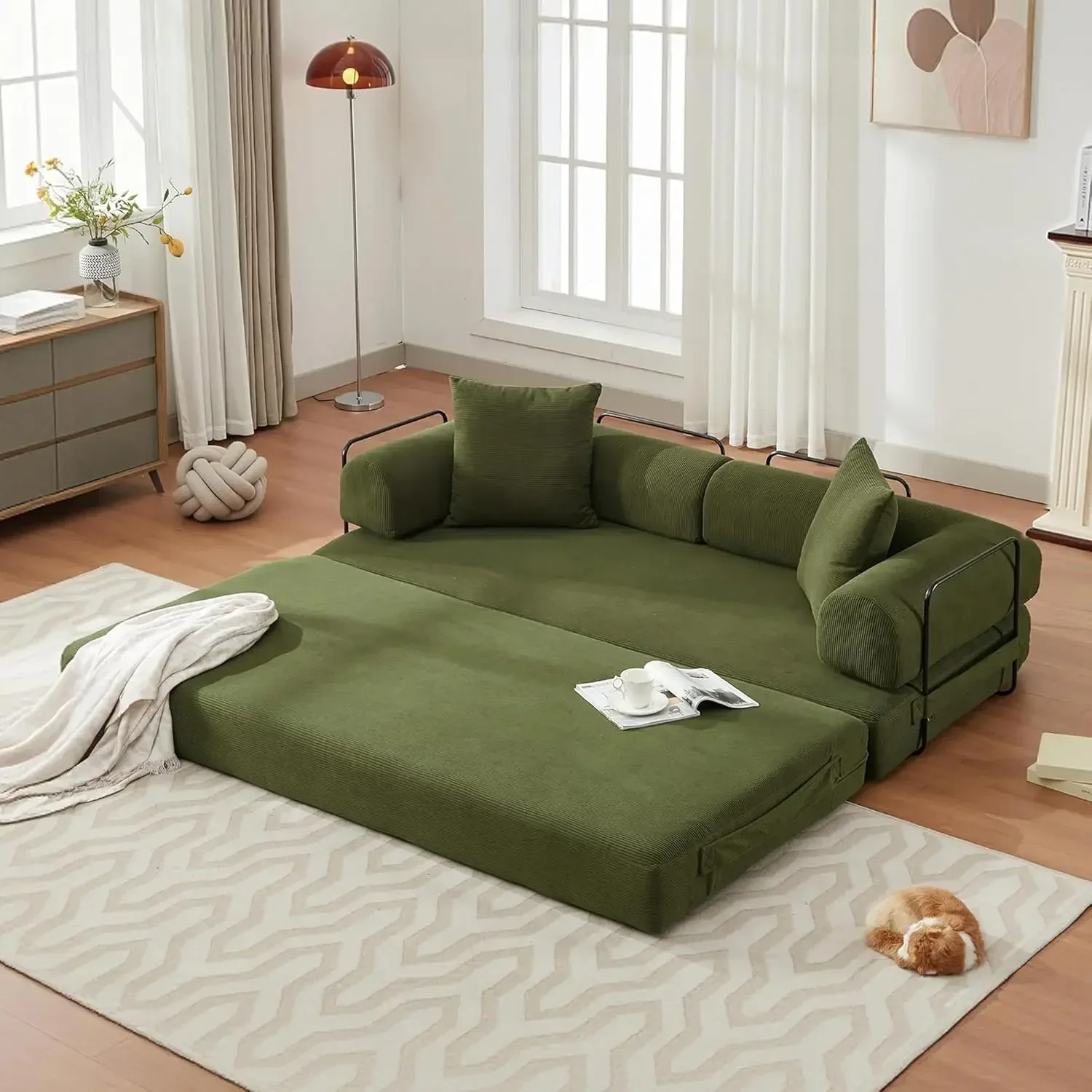 

Convertible Sleeper Sofa Bed with Cylindrical Pillow, Corduroy Folding Mattress Couch with Fixed-Shape Frame, Floor Sofa Lounge