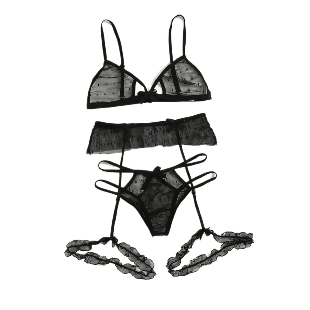Sexy Bra Transparent See Through Bra and Panty Set with Garter Perspective Mesh Lace Lingerie Set Ladies Underwear Set