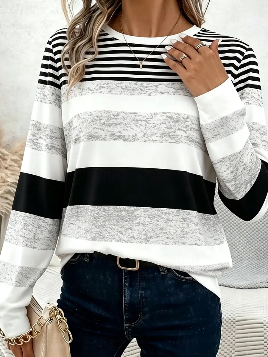 Women Striped Long Sleeve T-shirt Crew Neck Casual Pullover Shirt Color Block Print Everyday Spring Fall Women Clothing
