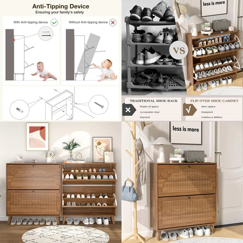 

Узкий шкаф для обуви из орехового дерева с 2 дверцами и решетчатой панелью для прихожей