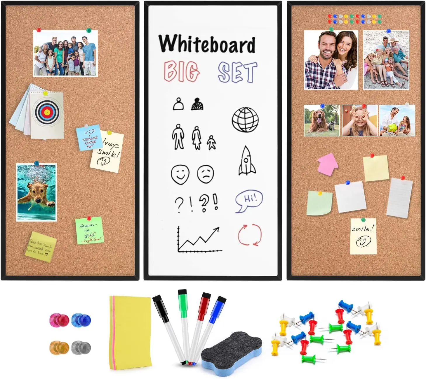 

Набор из 3-х досок: пробковая доска и маркерная доска в черной рамке, 12x24 дюйма, легко устанавливается, для дома и офиса