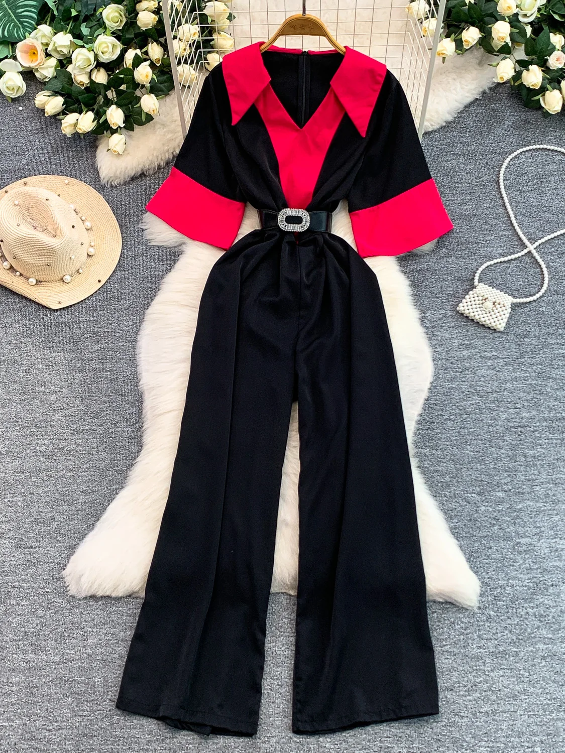 Slimming Wide Leg Pants V Neck Short Sleeve  Dress Belt Waist Cinching Summer Retro Style Women's Commute Wear