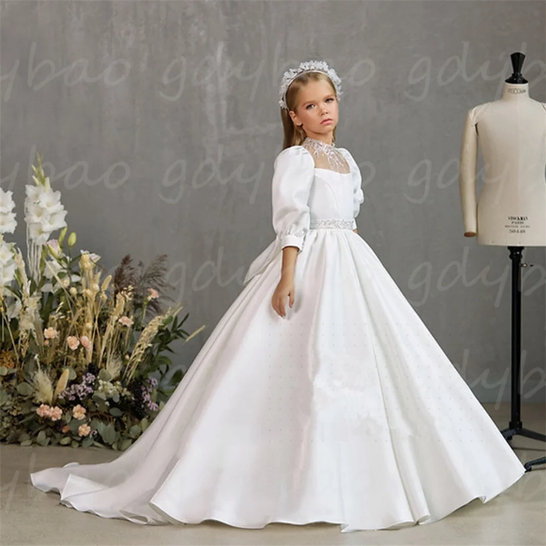 Robe en Satin Blanc à Fleurs pour Fille, Tenue de Princesse Perlée, pour Mariage, Élégante, pour ixd'Anniversaire, Premier