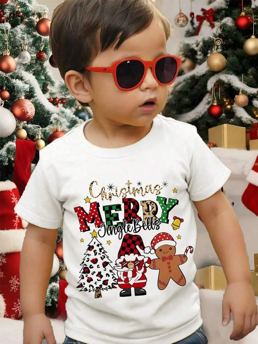 Novas camisetas para meninos, camisetas coloridas estampadas de Natal para crianças de primavera e outono, camisas de base para bebês, camisetas de manga curta