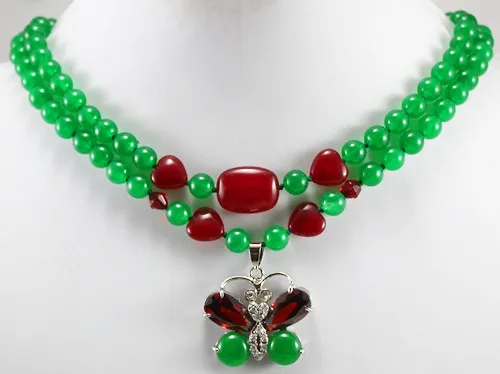 

Noble 2 Row 8MM Green Jadestone butterfly Pendant fashion Jewelry necklace