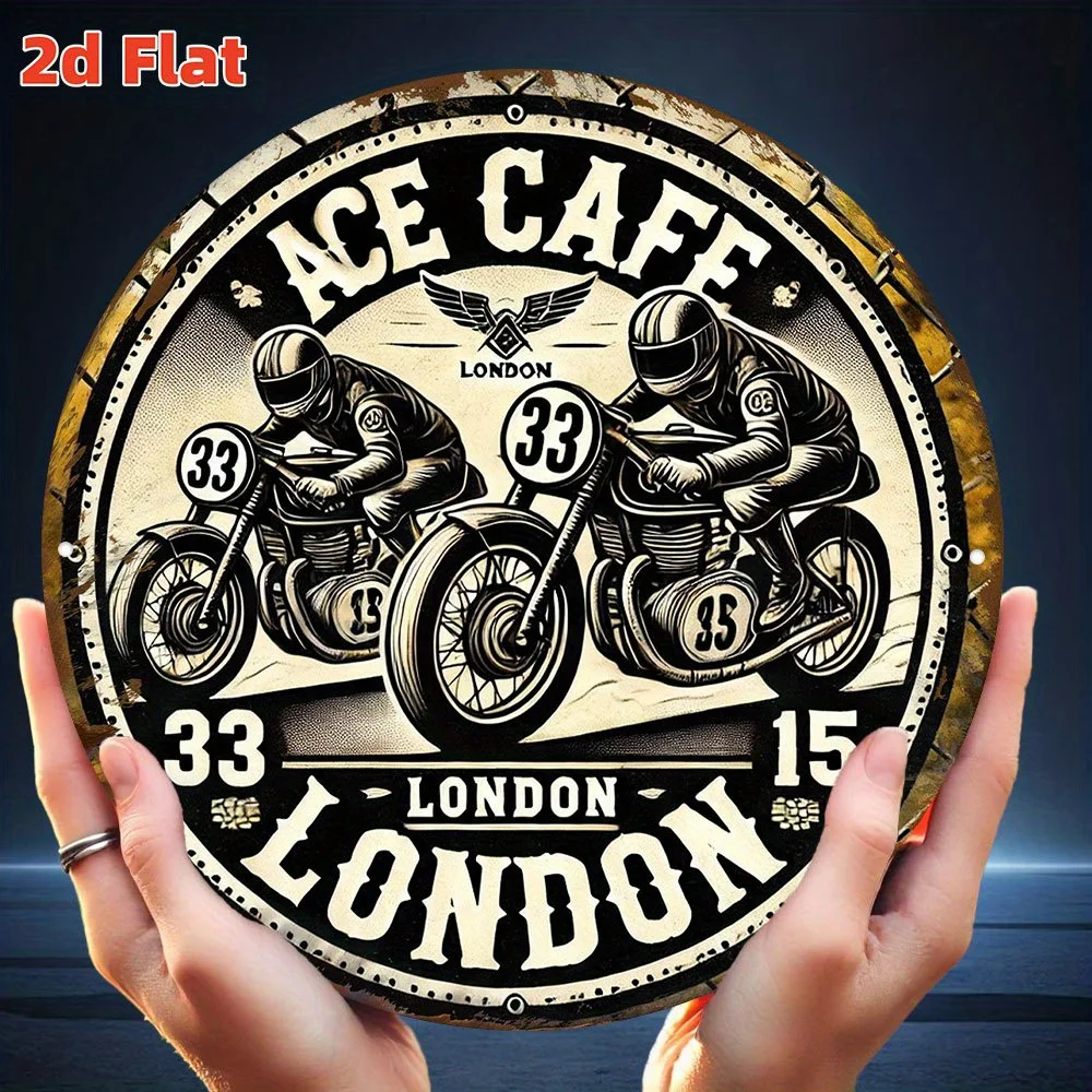 2D Flat, Vintage London Motorcycle Cafe 2D Flat Metal Sign - 19.81cm Round Aluminum Wall Art with Racing Scene, Durable Indoor/O