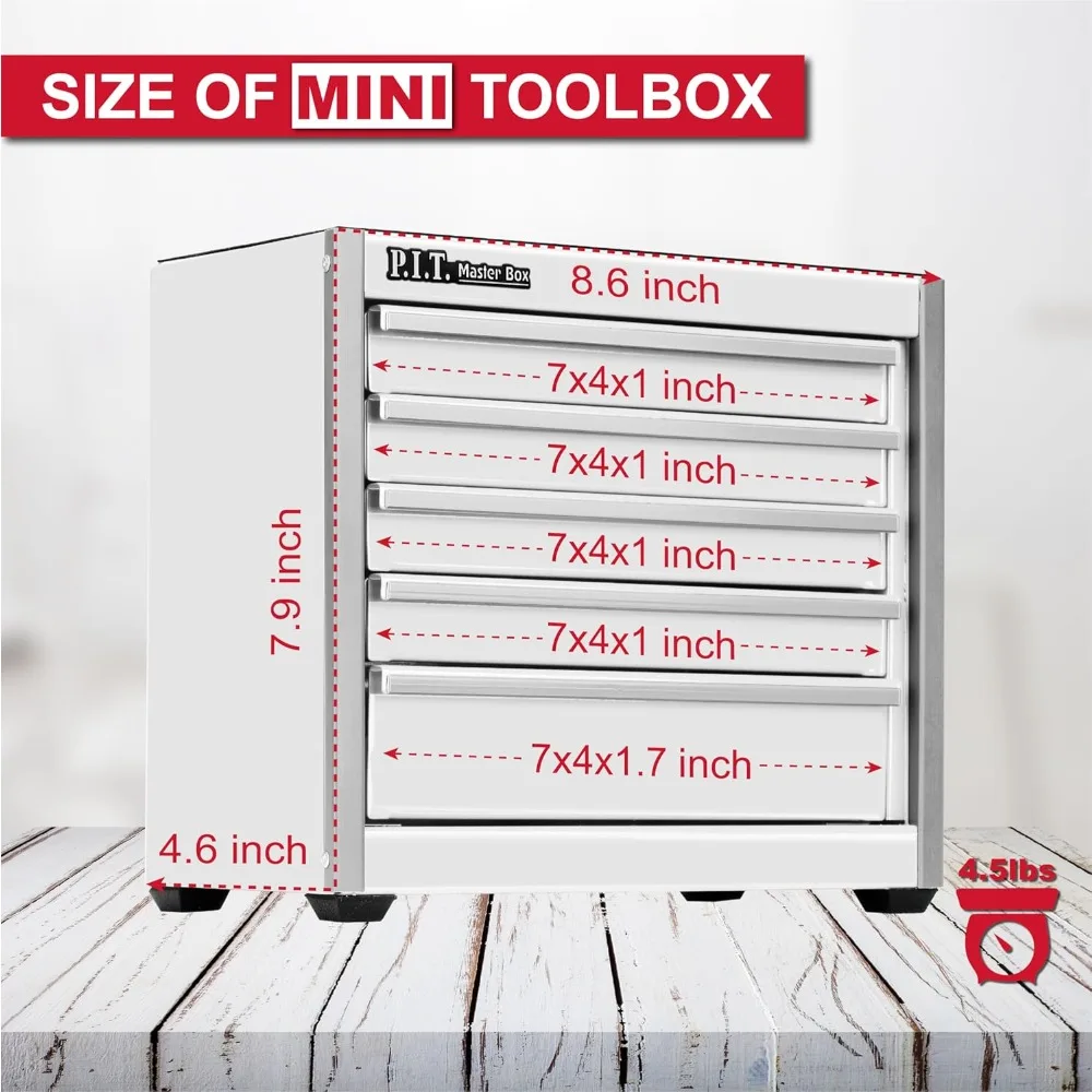 

Mini White Tool Box, Portable 5-Drawer Micro Roll Cab Steel Stackable Tool Box