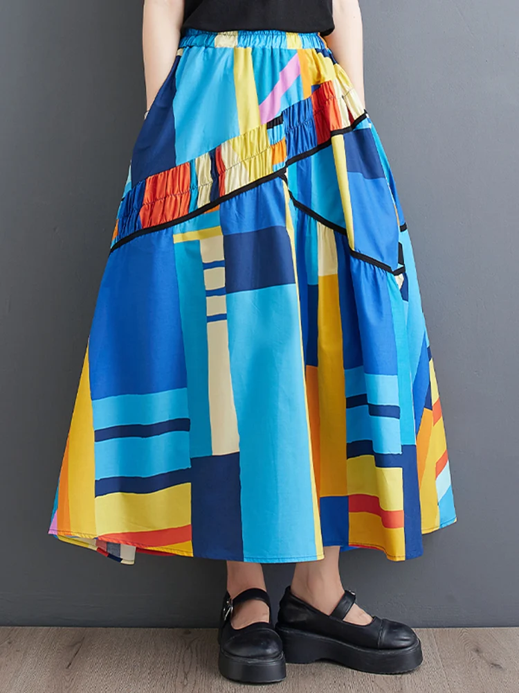 

Patchwork Contrast Color Vintage Print High Waist Skirt Women Summer New Korean Fashion Loose Casual Long Skirts Clothing 2023