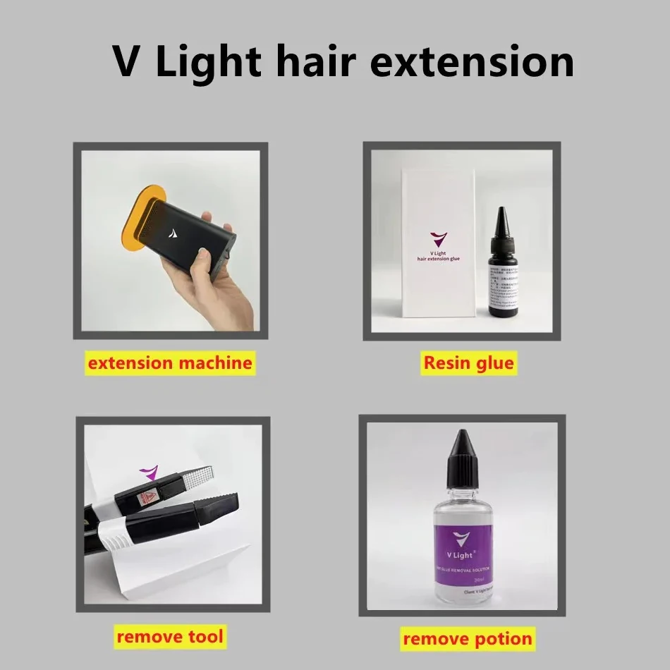 Set peralatan ekstensi rambut, mesin ekstensi rambut teknologi v-light putih dengan lem ekstensi rambut cahaya V